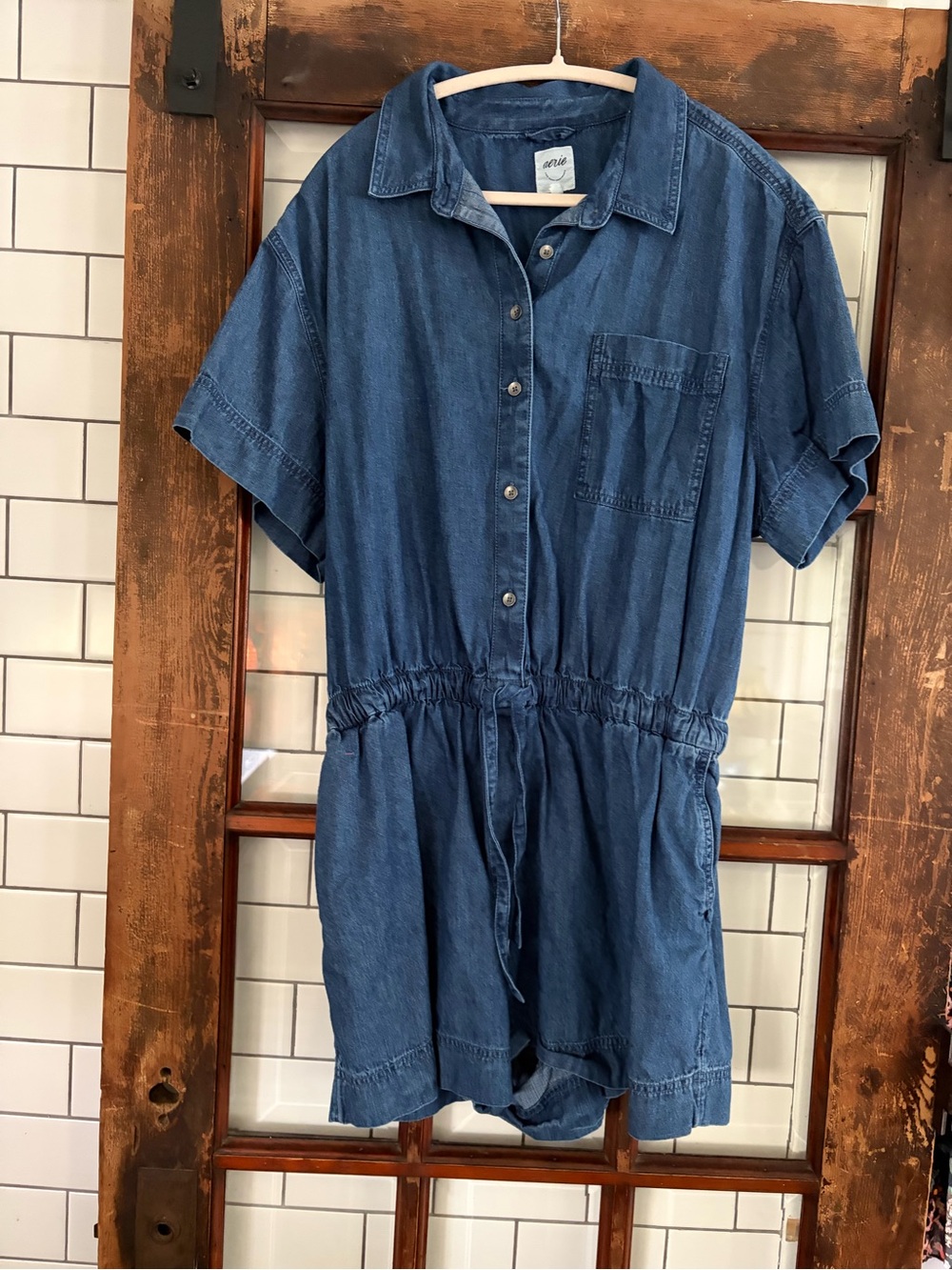 aerie Blue Denim Short-Sleeve Romper size x-lg